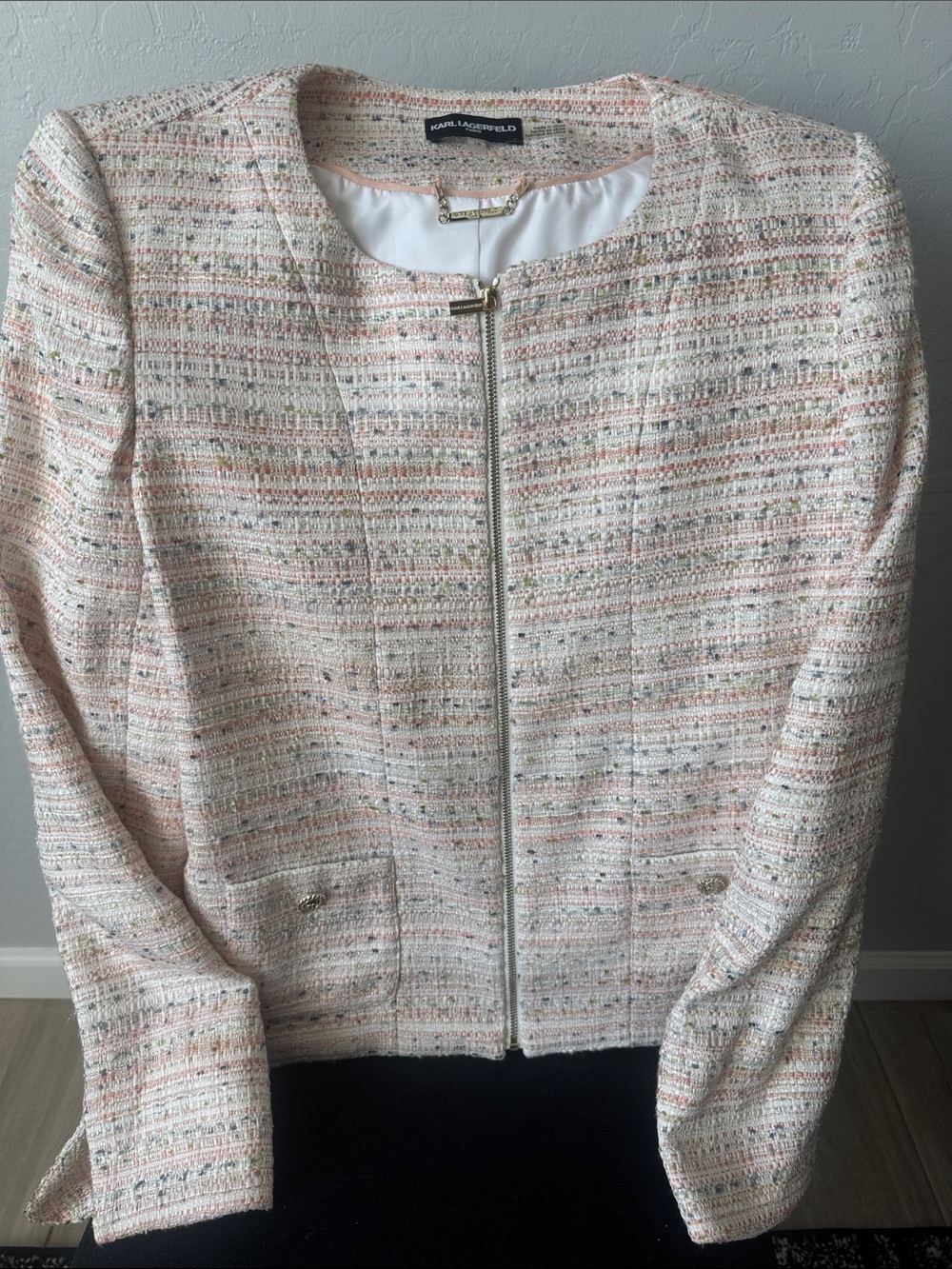 Karl Lagerfeld Cream and Pink Tweed Zip Jacket